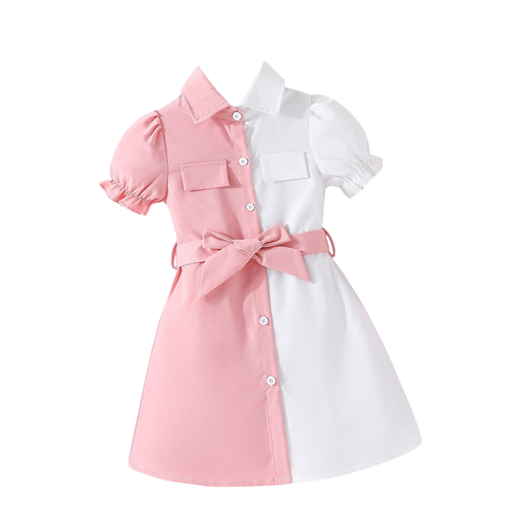 Two-Tone Shirt Dress with Matching Fabric Belt for Girls