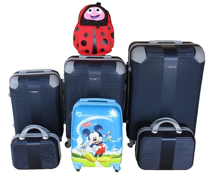 Luggage Set-Navy ABS Suitcases 5-Piece, Mickey Kids Case and Red Ladybug Bag