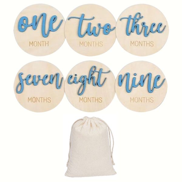 Blue Double Sided Wooden Simplicity Baby Milestone Disc Cards - Set of 6