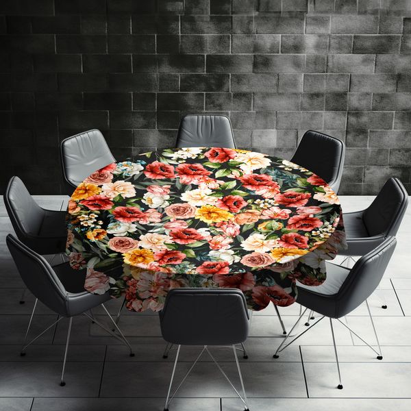 Mustard Flowers Pattern on Black Round Tablecloth by Mark van Vuuren