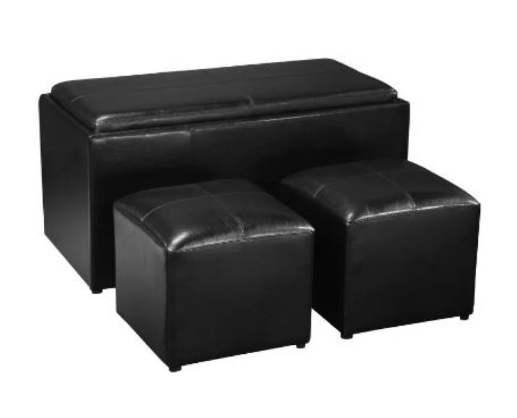 Three-Piece Black PU Leather Coffee Table Tray Storage Ottoman