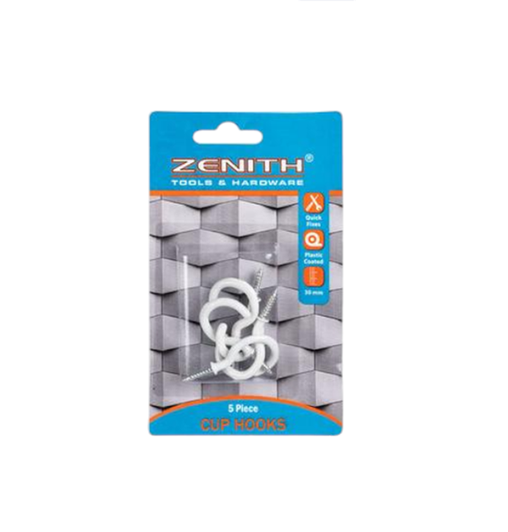 Zenith - 5 Piece 30mm White Plastic Coated Cup Hooks x 3