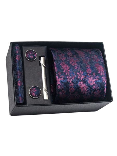 AlanKing 1 Set Purple Floral Tie, Pocket Square, Cufflink Gift Set For Men,