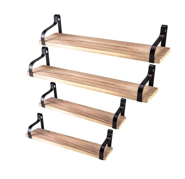 Set of 4 Rustic Wood &amp; Metal Floating Shelves
