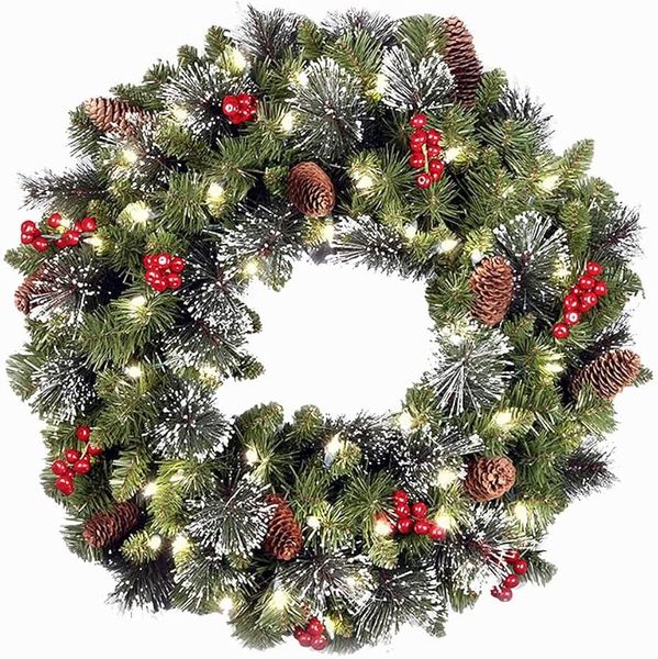 Flexxy Artificial Christmas Wreath With Pine Cones, Berries &amp; Led Lights