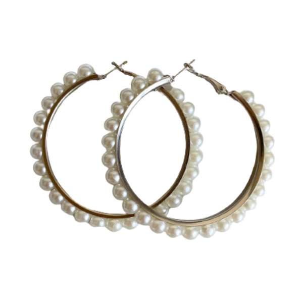 Faux Pearl Inlaid Large Circle Hoop Earrings - Silver - 1 Pair