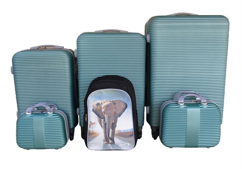 5-Piece Green Hard-Shell Luggage Set with Kids Elephant Backpack