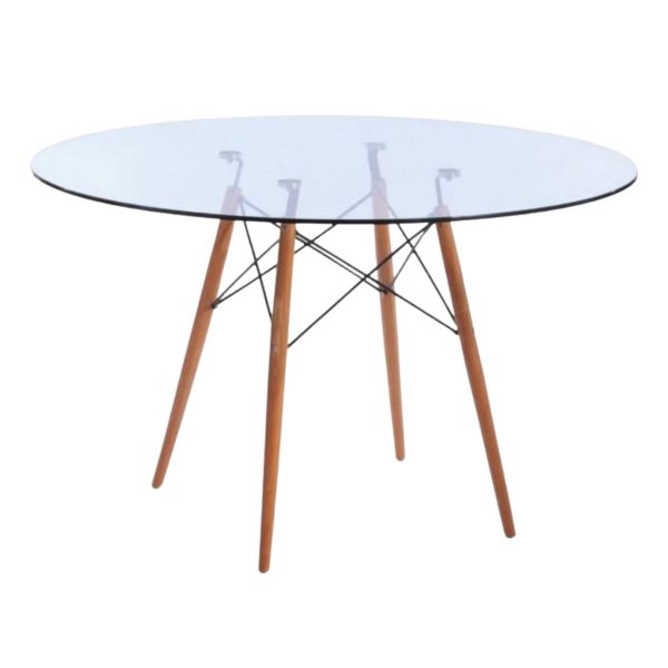 Round Glass Dining Table 90cm Wooden Legs - Modern