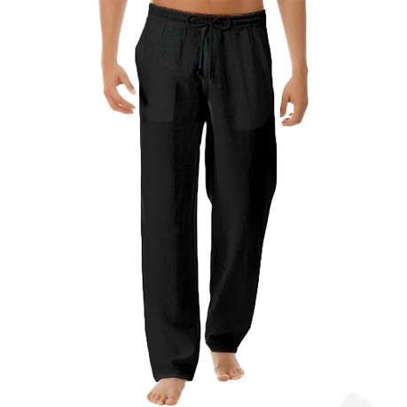 Men's Cotton Linen Pants Casual Elastic Waist Longue Beach Pants Loose  Lightweight Drawstring Sports Trousers with Pockets