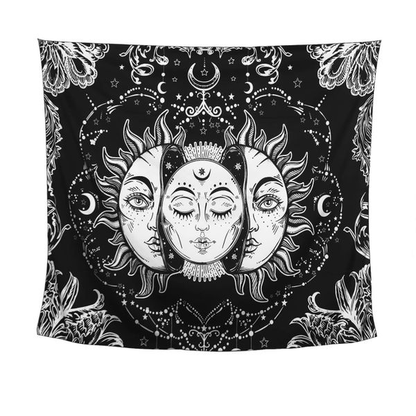Sun and Moon Tapestry, Black and White Tapestries Mystic Burning Sun