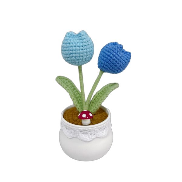 Crochet Tulips Flowers Mini Potted, Tables Decoration, Gift (Double Blue)