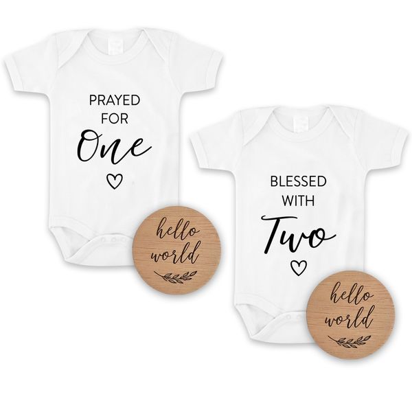Prayed for one blessed with two twin pregnancy announcement onesies &amp; discs