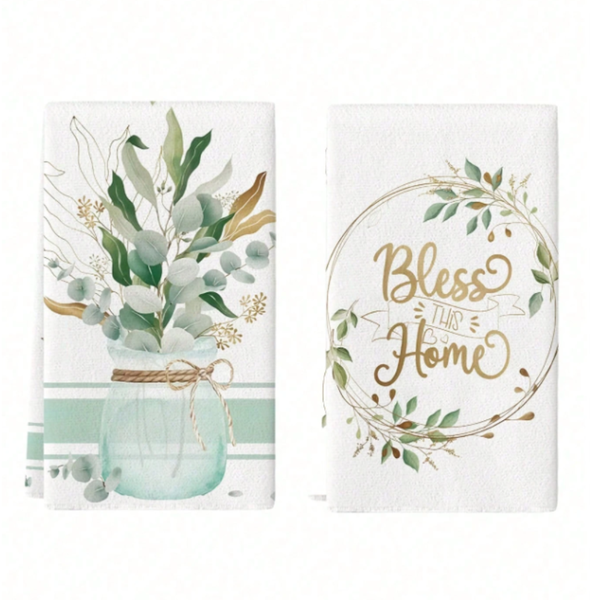 Eucalyptus Leaves Farmhouse Kitchen Towels Sage Green - 2 Piece