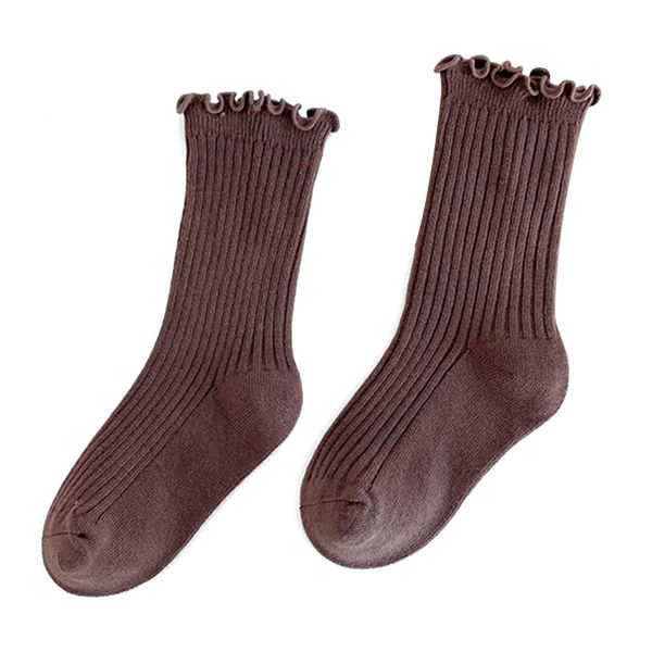 Cotton Crew Socks for Kids Ruffle Edge Brown