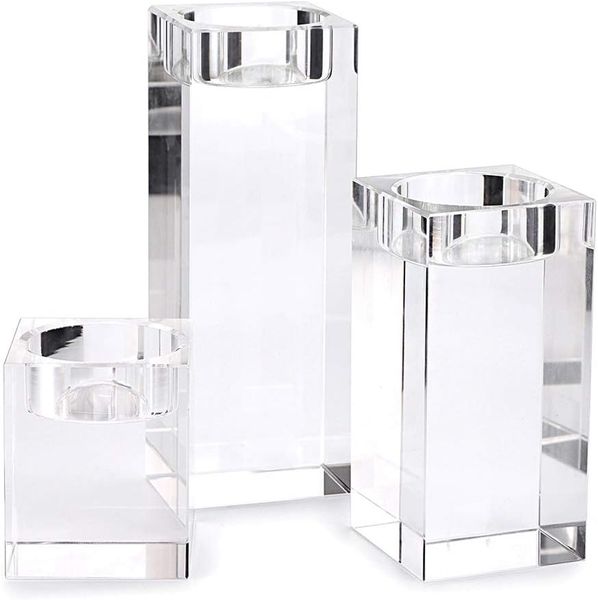 3 Pcs Elegant Glass Crystal Square Candle Holders -Transparent