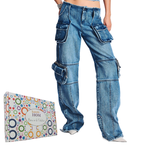 KAMFE HOM-Stretch Cargo Straight Leg Side Zipper Slit Denim High Waist Jean