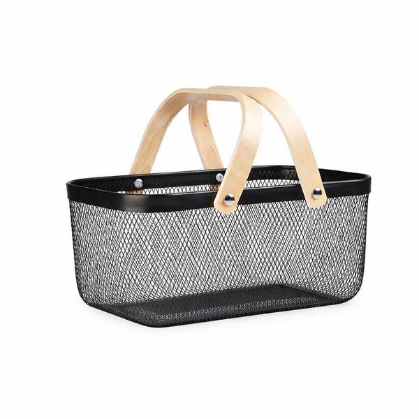 Mesh Storage Basket with Wooden Handles - Black