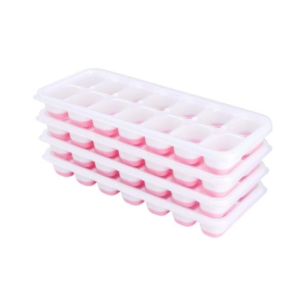 4 Piece - Stackable Silicone Ice Cube Trays With Anti-Spill Lids - Pink