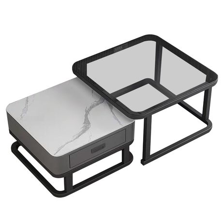 Coffee Table Nesting Side Table Tempered Glass & Stone Tabletop Image