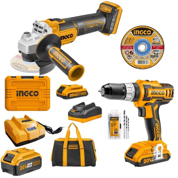 INGCO - Cordless Angle Grinder - 115mm &amp; Cordless Impact Drill - MEGA KIT