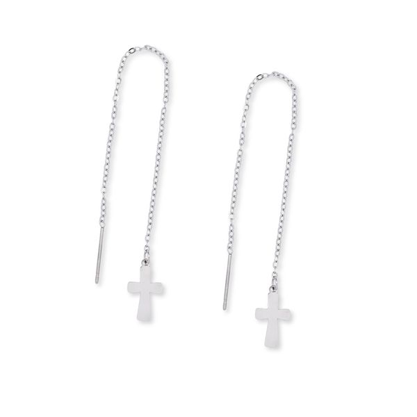 Steel My Heart Waterproof Stainless Steel Cross Drop Threader Earrings