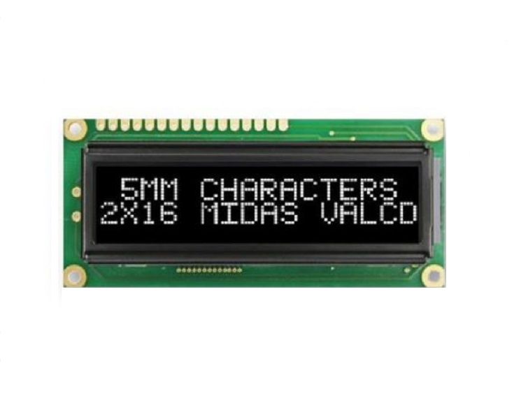 Midas (MC21605G12W-VNMLWI) Alphanumeric LCD, White on Black, 5V