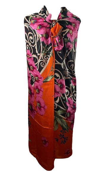 Lady's Satin Silk Shawl Wrap / Scarf Fantasy with Floral Pattern -Black/Red