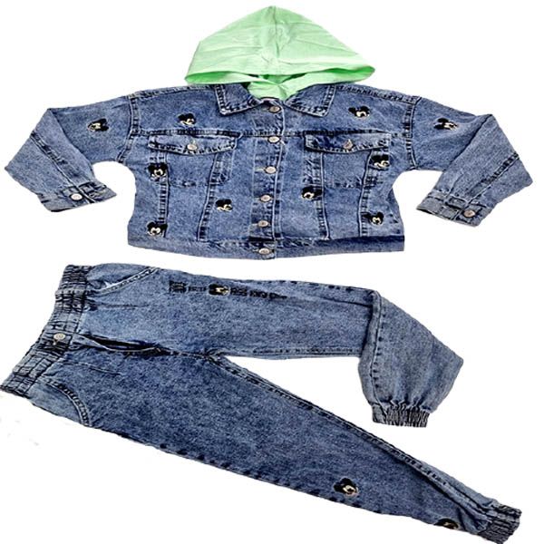 Girls Blue Minnie Mouse Denim Jean Set with a Green Hoodie