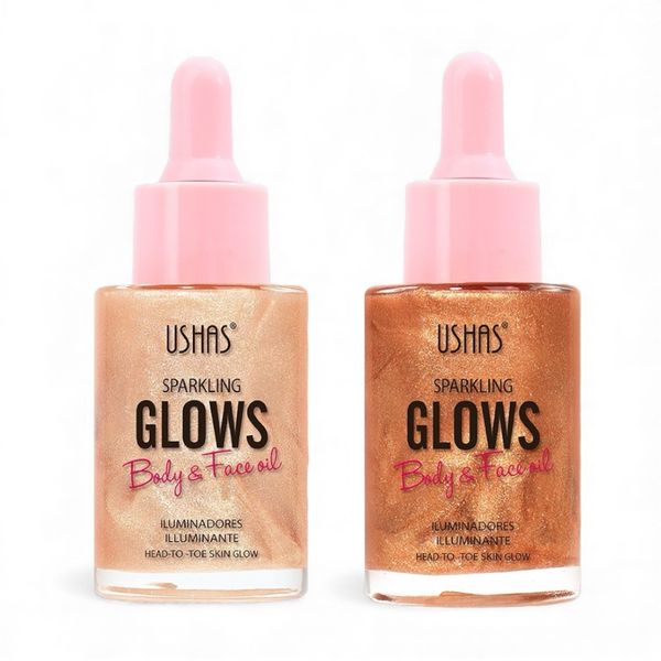 Set of 2 - Ushas Sparkling Glows Body&amp;Face Oil Shimmer Highlighter Gold