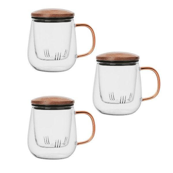 3 Piece 420ml Glass Tea Cup with Lid and Infuser - Clear/Yellow