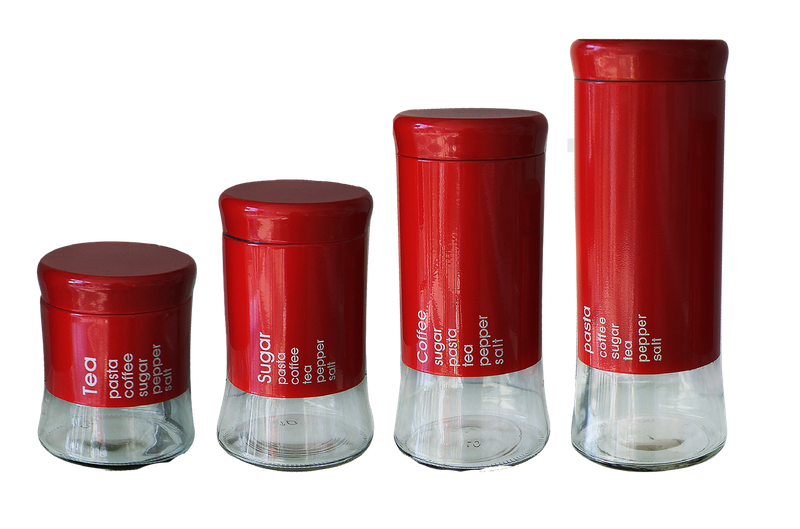 4 Piece Decadent Glass Jar Canister Set - Coffee Sugar Tea &amp; Pasta - Red