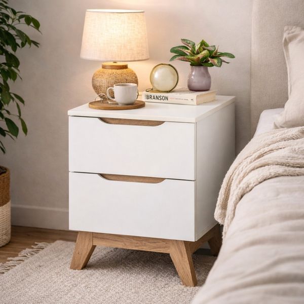 Bragg Mando Bedside Side Table, White &amp; Oak