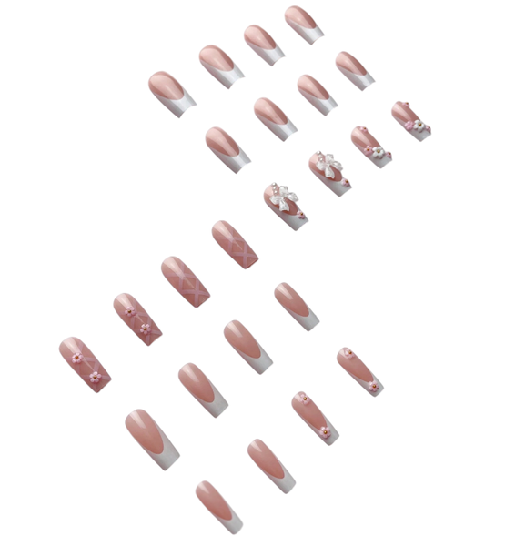 24 Pieces French Tip Press-On Nails With 3D Bows And Floral Accents -Pink/White