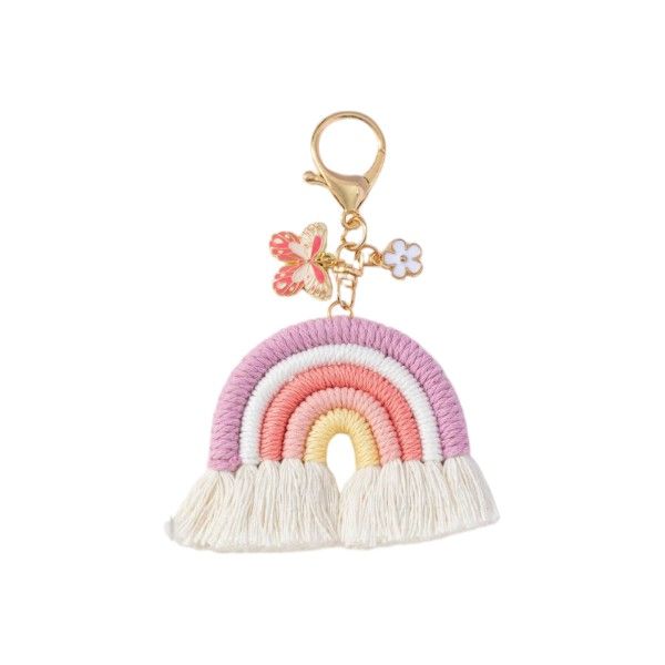 5-Color Rainbow Tassle Keychain With Butterfly & Flower Charm - Pastels