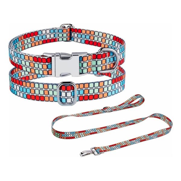 Plaid Dog Collar and Leash Set for Small Dogs Metal Buckle