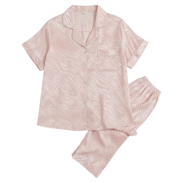 Blush Zebra Satin Button-Up Pajama Set with Short Sleeves - Light Pink
