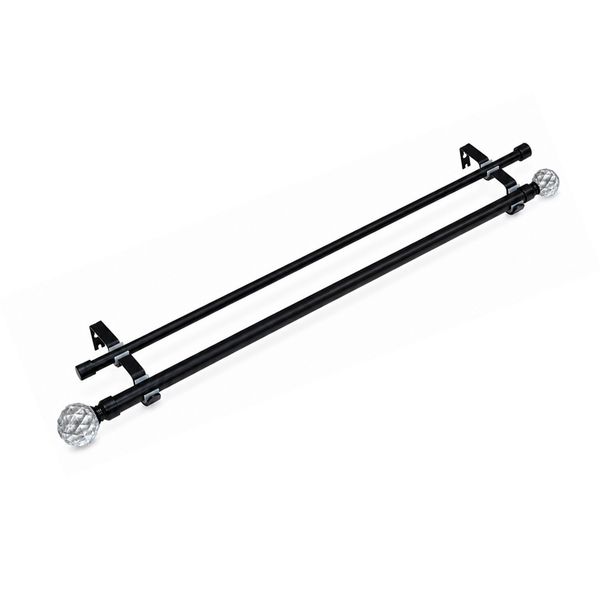 Expandable Double Curtain Rod Set with Bracket Crystal Finial 90-220cm