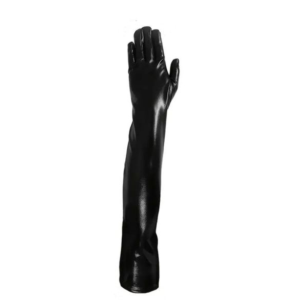 Women Black Faux Leather Shine Gloves