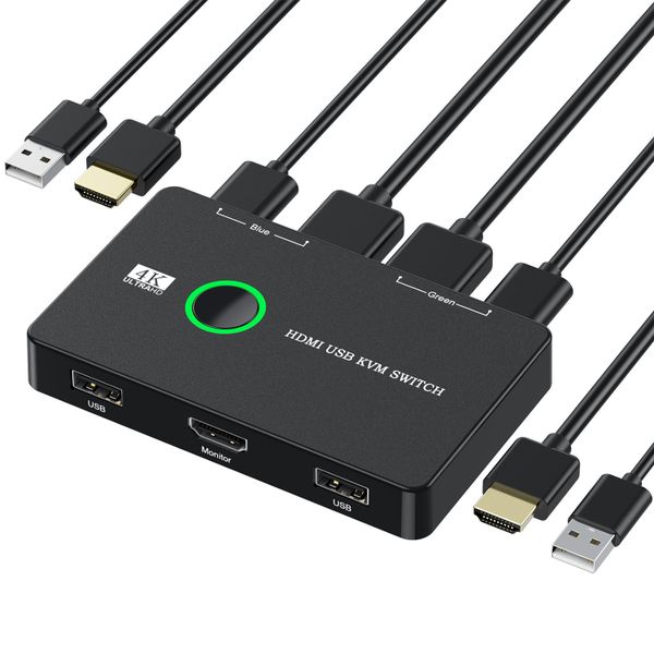 4K KVM Switch HDMI 2 Port Box, USB HDMI KVM Switches, Support UHD 4K@60Hz