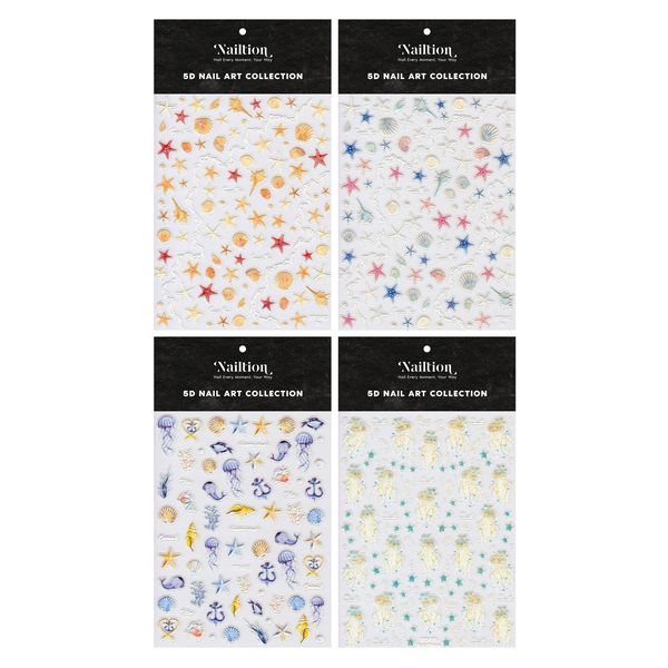 Nailtion 5D Embossed Nail Art Stickers - 3D Beach &amp; Shells, Jellyfish