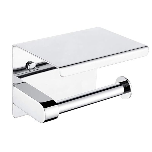 Adhesive Wall Mounted Toilet Paper Holder with Shelf, Downward Folding Edge