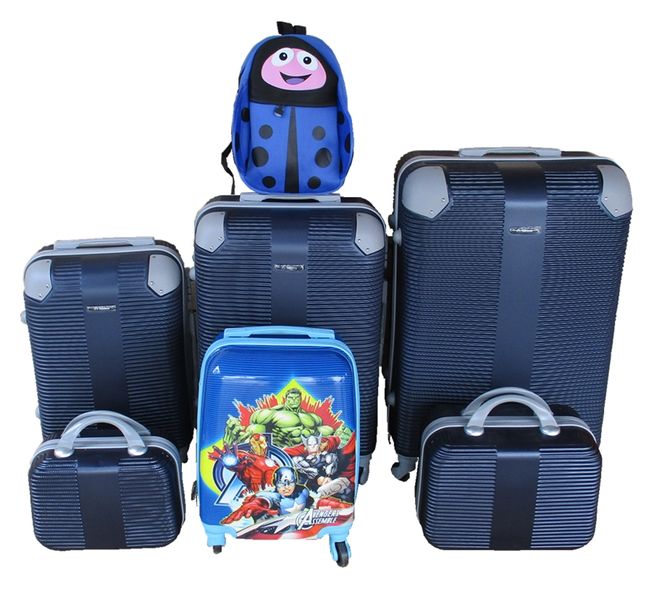 5-Piece Family Luggage Set -Navy ABS Trolleys + Avengers Case &amp; Ladybug Bag