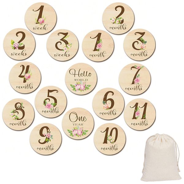 Double-Sided Wooden Floral Baby Milestone Disc Cards - Set of 16