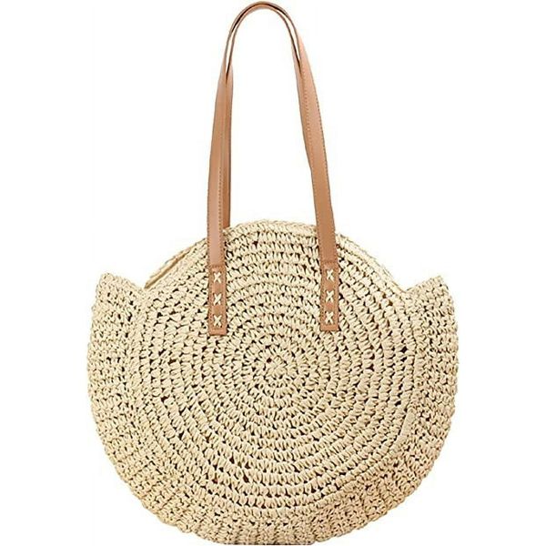 Women Woven Handbag Summer Beach Tote Straw Bag Round Rattan Shoulder Bag