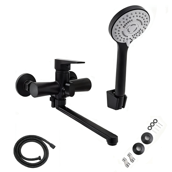Black Wall Mounted Bath Tub Faucet - Extended Spout Hot Cold Mixer