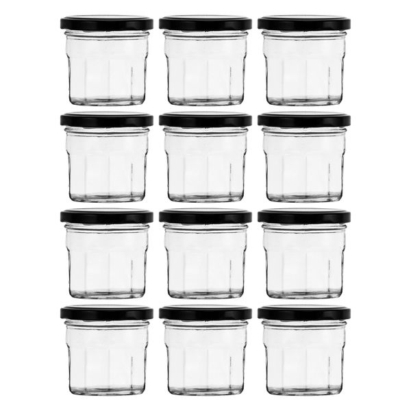 Regent 150ml Glass Faceted Jar with Black Lid 12 Pack (73mm Diax65mm)