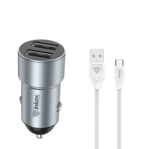 INKAX - CA-04 - Dual USB Car Charger With Type-C Cable - Silver