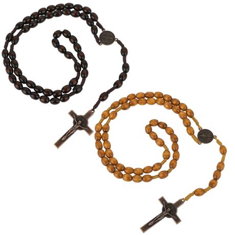 Catholic Cross Rosary Necklace, 2 Piece Natural Wood Prayer Chain Necklace Image