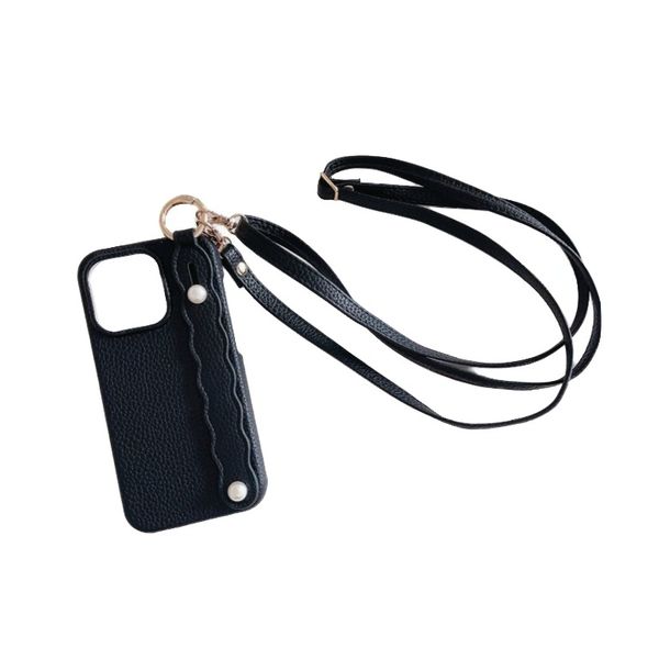 Black iPhone 15 Case with Crossbody Lanyard &amp; Wrist Strap