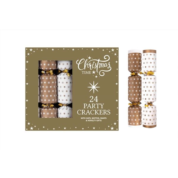 Christmas Crackers 24 Party Box Gold Stars 23cm- Bulk Festive Entertainment